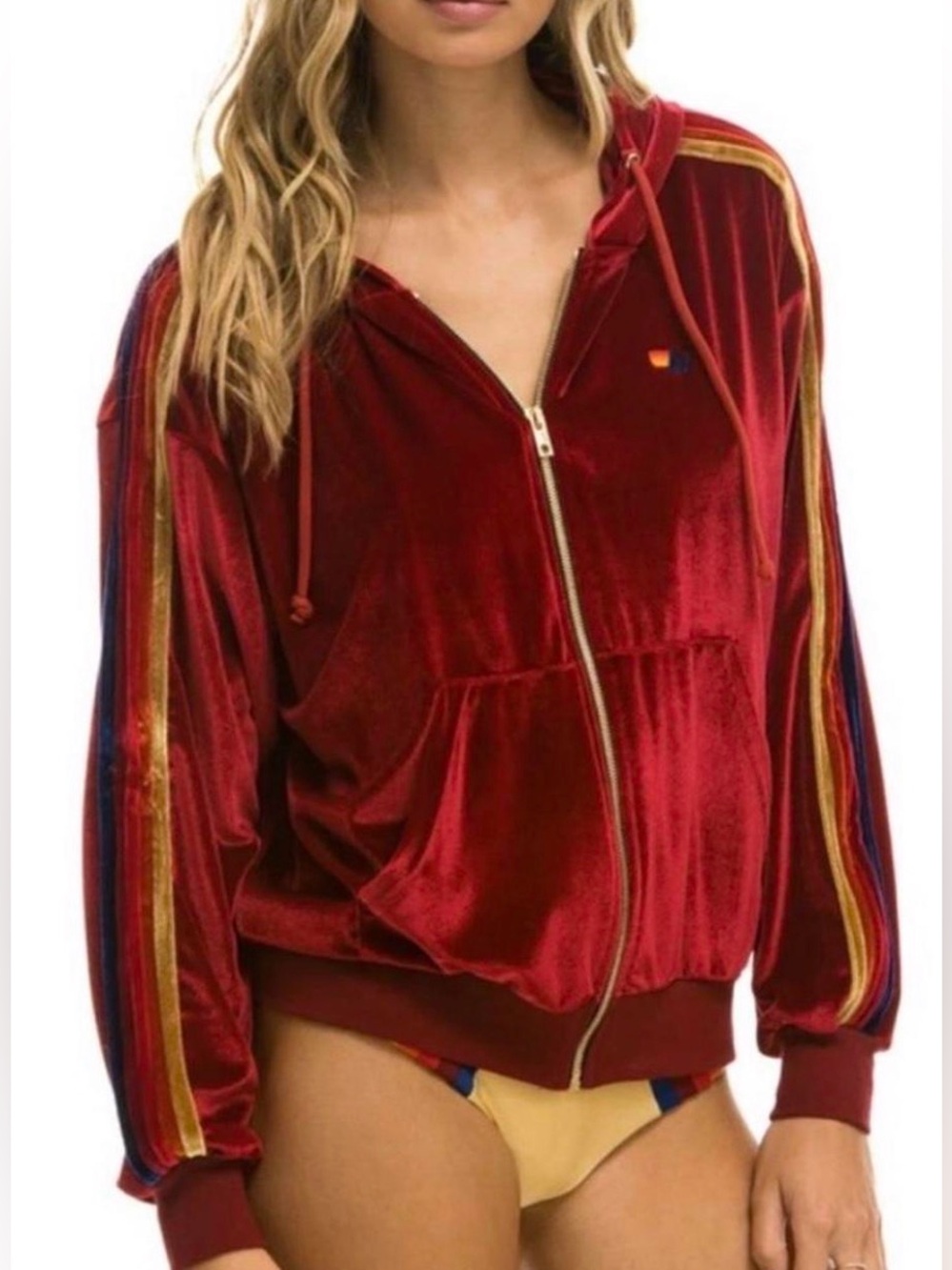 AVIATOR NATION Full Zip Red Velvet Hoodie Size L UNISEX OVERSIZED
